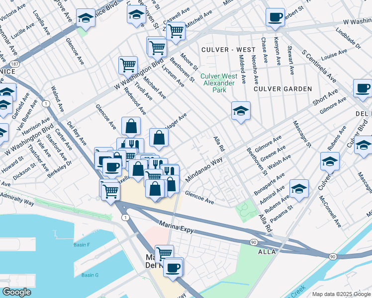 map of restaurants, bars, coffee shops, grocery stores, and more near 13150 Maxella Avenue in Marina del Rey
