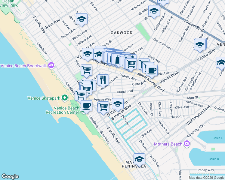 map of restaurants, bars, coffee shops, grocery stores, and more near 419 Grand Boulevard in Los Angeles