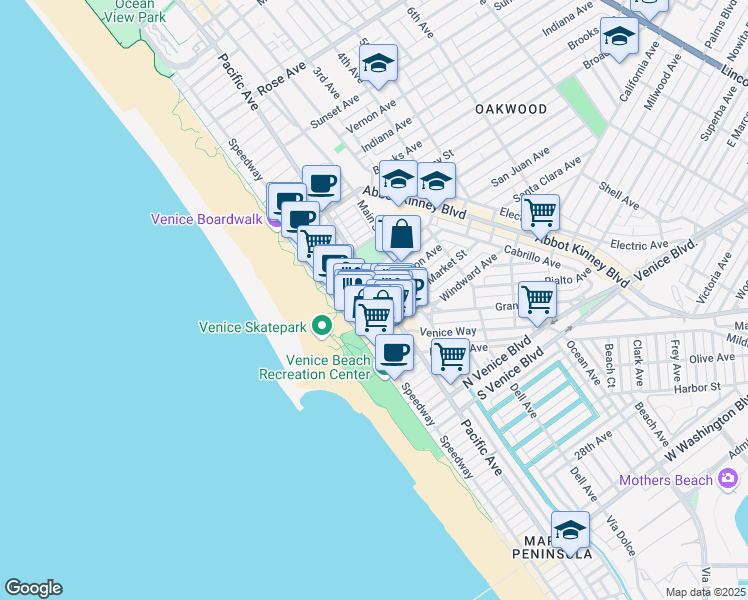map of restaurants, bars, coffee shops, grocery stores, and more near 85 Market Street in Los Angeles