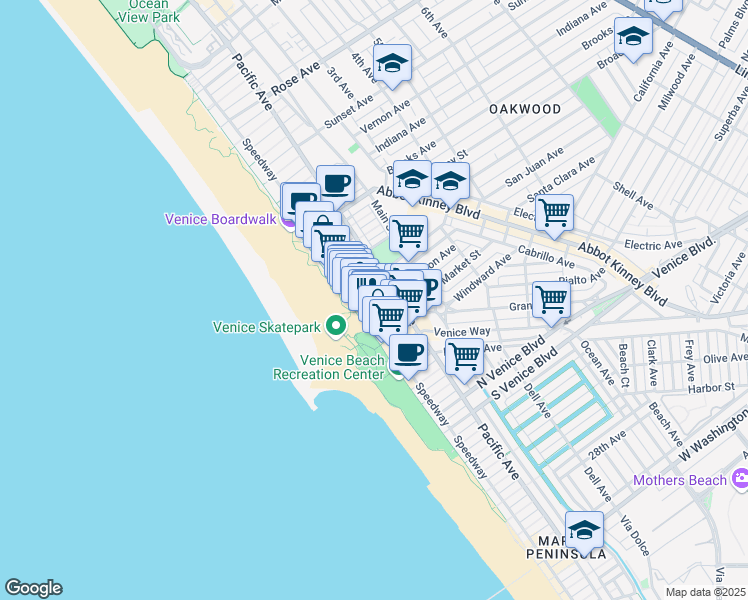 map of restaurants, bars, coffee shops, grocery stores, and more near 1305 Speedway in Los Angeles