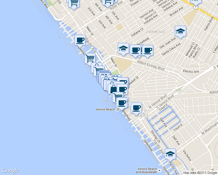 map of restaurants, bars, coffee shops, grocery stores, and more near 1305 Speedway in Los Angeles