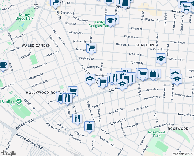 map of restaurants, bars, coffee shops, grocery stores, and more near 304 South Harden Street in Columbia