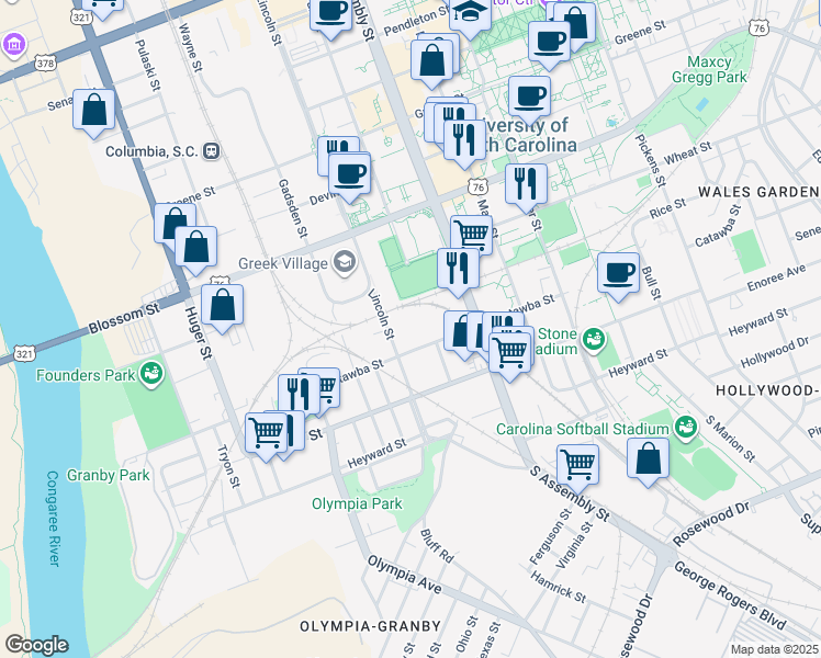 map of restaurants, bars, coffee shops, grocery stores, and more near 318 Lincoln St in Columbia