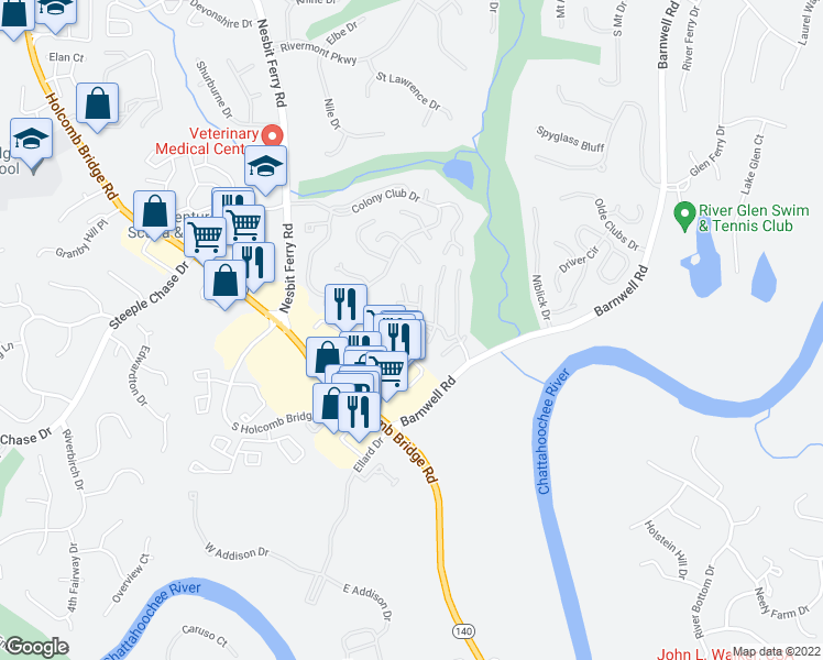 map of restaurants, bars, coffee shops, grocery stores, and more near 905 Wentworth Court in Alpharetta