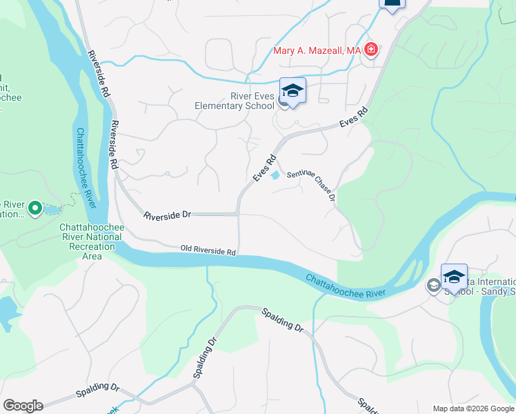 map of restaurants, bars, coffee shops, grocery stores, and more near 1680 Riverside Road in Roswell