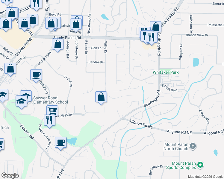 map of restaurants, bars, coffee shops, grocery stores, and more near 1305 Glenover Way in Marietta