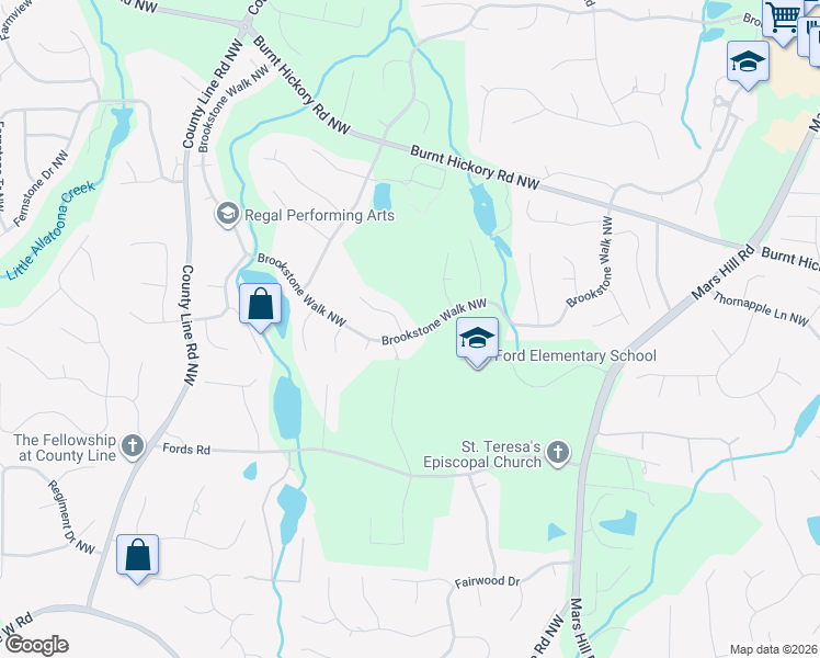 map of restaurants, bars, coffee shops, grocery stores, and more near 1411 Downington Overlook in Acworth