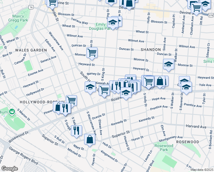 map of restaurants, bars, coffee shops, grocery stores, and more near 2612 Kiawah Ave in Columbia