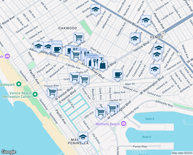 map of restaurants, bars, coffee shops, grocery stores, and more near 572 Venice Boulevard in Los Angeles