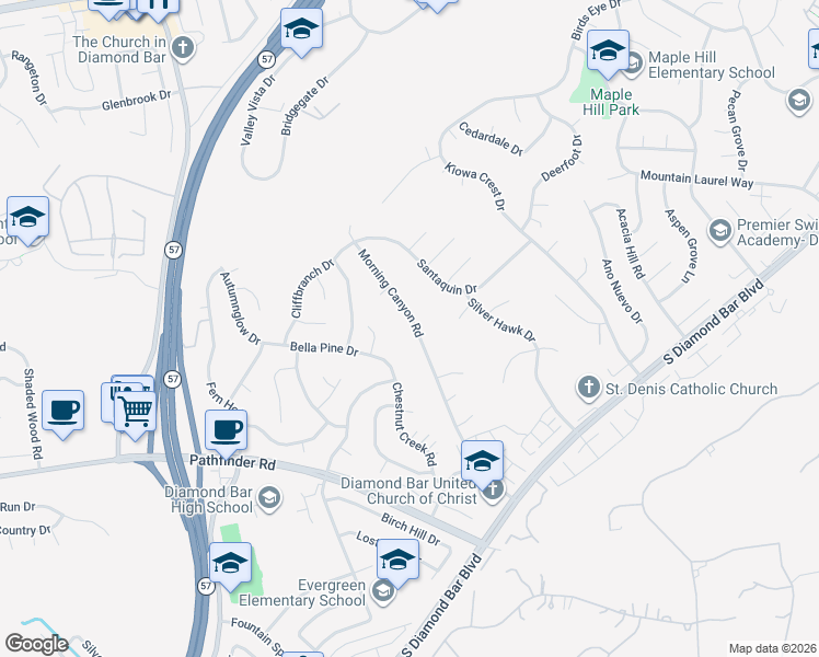 map of restaurants, bars, coffee shops, grocery stores, and more near 1817 Morning Canyon Road in Diamond Bar