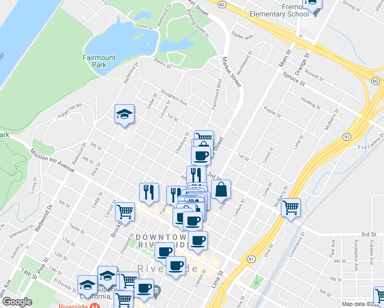 map of restaurants, bars, coffee shops, grocery stores, and more near 3239 Fairmount Boulevard in Riverside