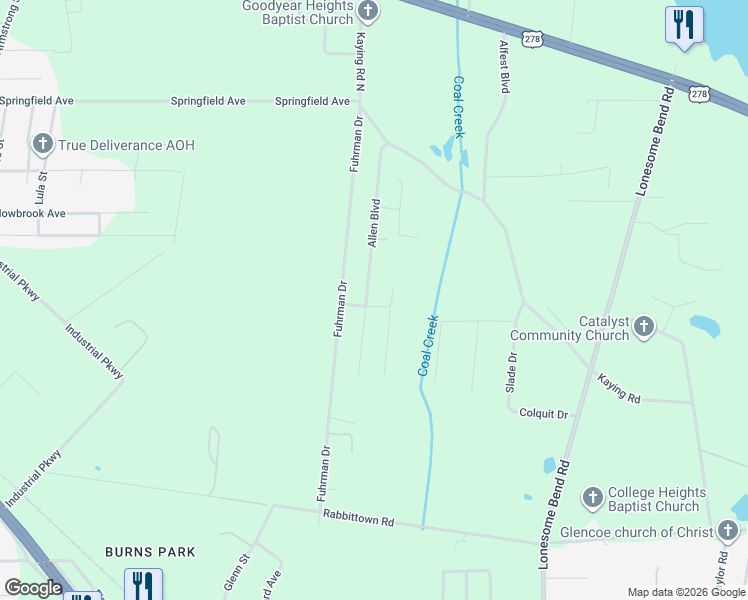 map of restaurants, bars, coffee shops, grocery stores, and more near 2203 Allen Boulevard in Gadsden
