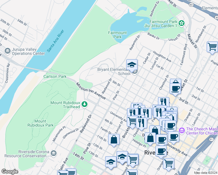 map of restaurants, bars, coffee shops, grocery stores, and more near 4485 6th Street in Riverside