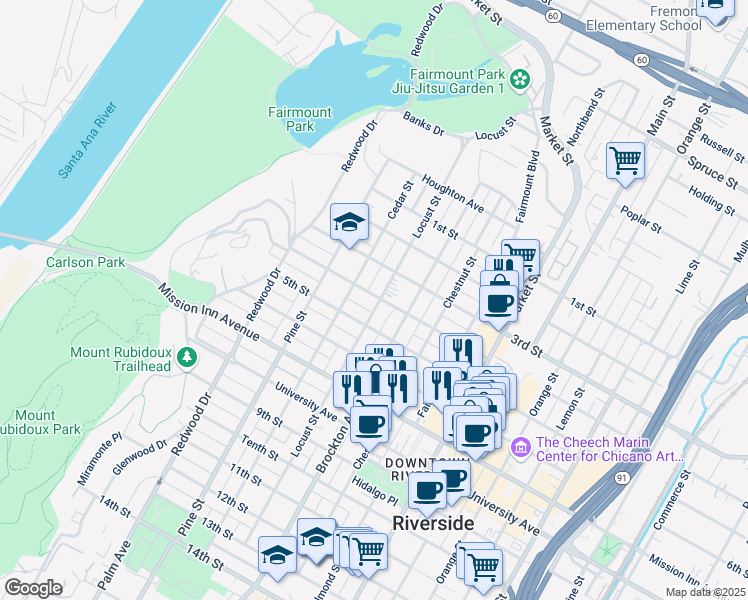 map of restaurants, bars, coffee shops, grocery stores, and more near 3407 Locust Street in Riverside