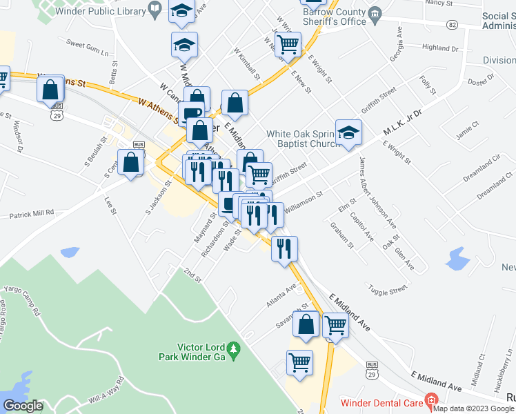map of restaurants, bars, coffee shops, grocery stores, and more near 237 East Athens Street in Winder