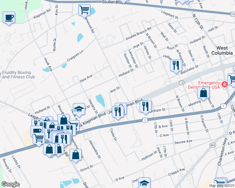 map of restaurants, bars, coffee shops, grocery stores, and more near 194 Pineview Road in West Columbia