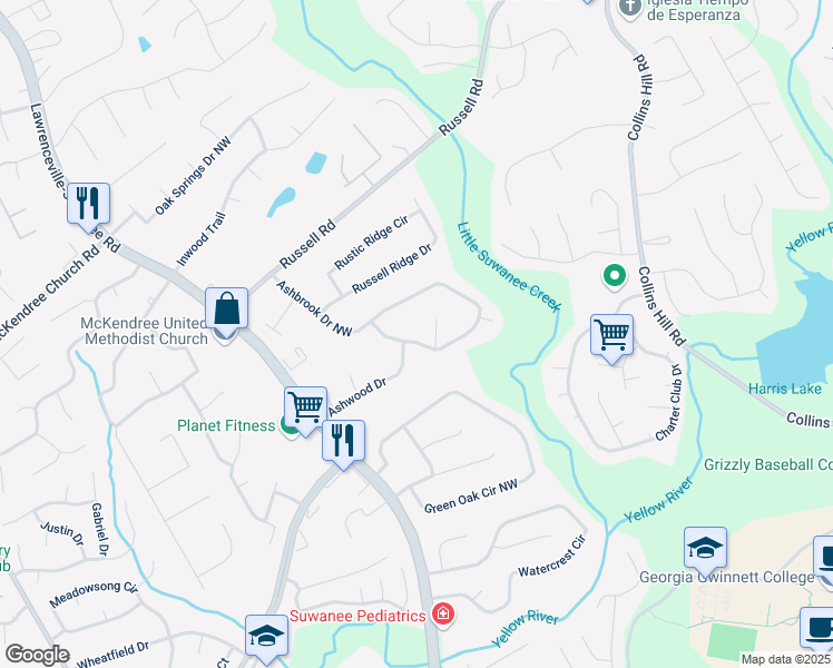 map of restaurants, bars, coffee shops, grocery stores, and more near 1170 Ashbrook Drive Northwest in Lawrenceville