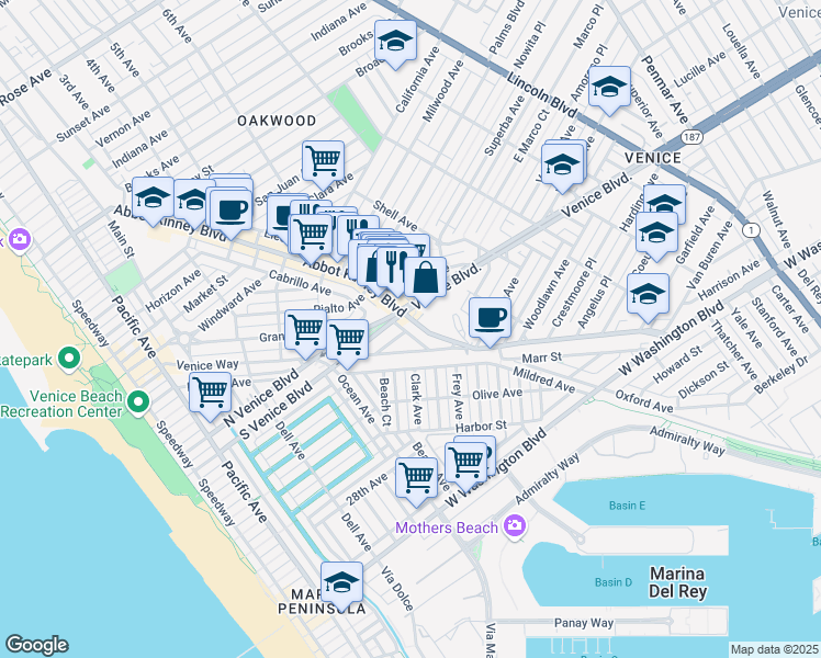 map of restaurants, bars, coffee shops, grocery stores, and more near 13271/2 Abbot Kinney Boulevard in Los Angeles