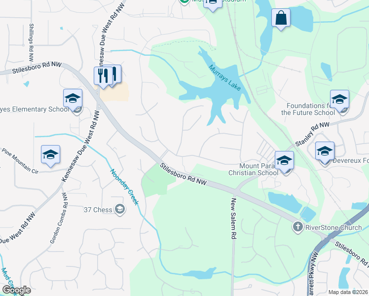 map of restaurants, bars, coffee shops, grocery stores, and more near 1408 Falkirk Ln NW in Kennesaw
