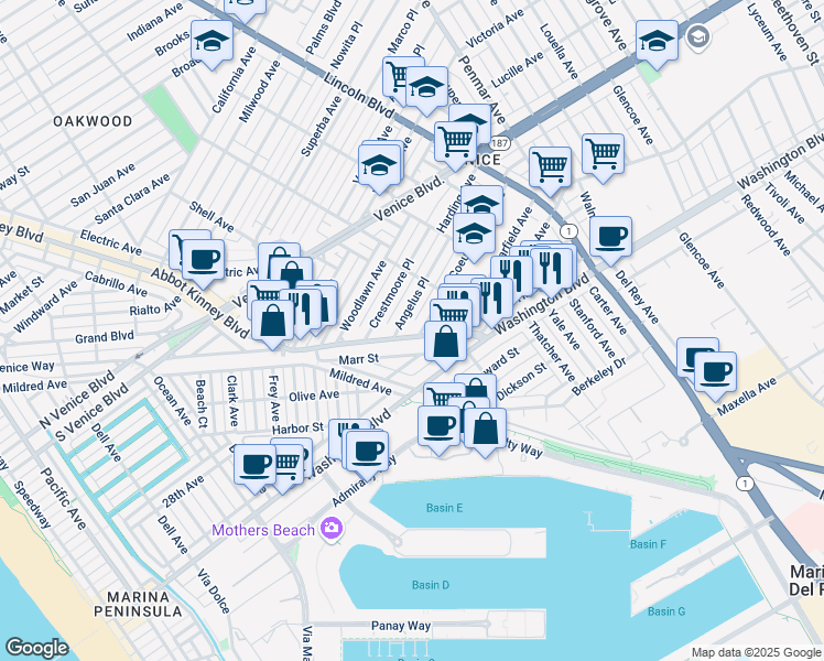 map of restaurants, bars, coffee shops, grocery stores, and more near in Los Angeles