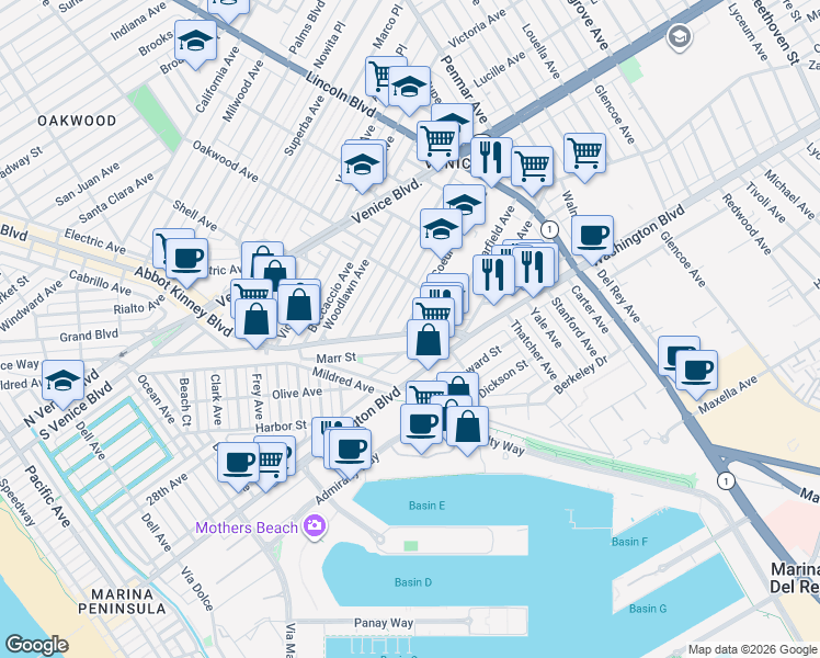 map of restaurants, bars, coffee shops, grocery stores, and more near 2700 Abbot Kinney Boulevard in Los Angeles