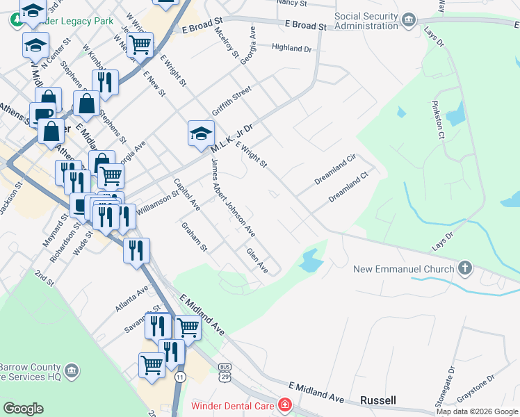 map of restaurants, bars, coffee shops, grocery stores, and more near 159 Wood Cir in Winder
