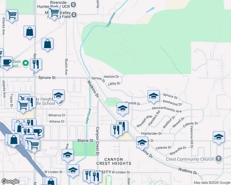 map of restaurants, bars, coffee shops, grocery stores, and more near 786 Spruce Street in Riverside