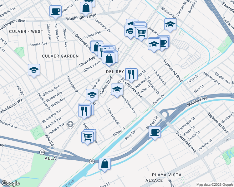map of restaurants, bars, coffee shops, grocery stores, and more near 12459 Braddock Drive in Los Angeles