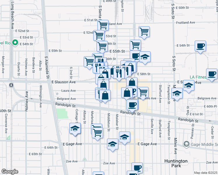 map of restaurants, bars, coffee shops, grocery stores, and more near 5930 Middleton Street in Huntington Park