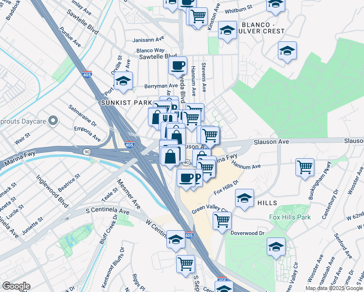 map of restaurants, bars, coffee shops, grocery stores, and more near Slauson Ave & Sepulveda Blvd in Culver City