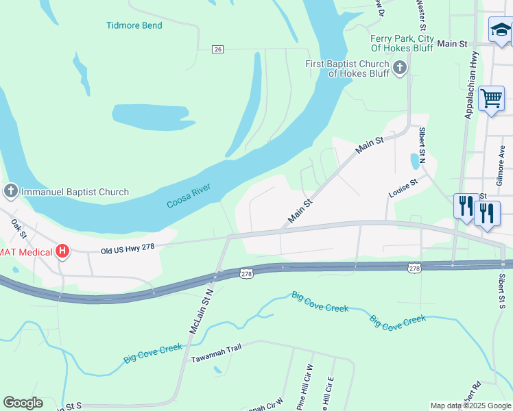 map of restaurants, bars, coffee shops, grocery stores, and more near 3539 Brockhill Drive in Gadsden