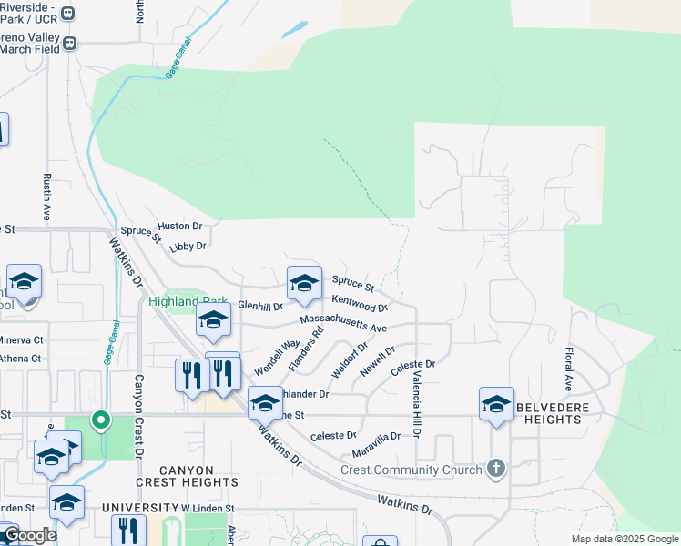 map of restaurants, bars, coffee shops, grocery stores, and more near 449 Spruce Street in Riverside