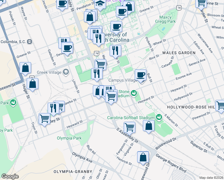 map of restaurants, bars, coffee shops, grocery stores, and more near 211 Main Street in Columbia