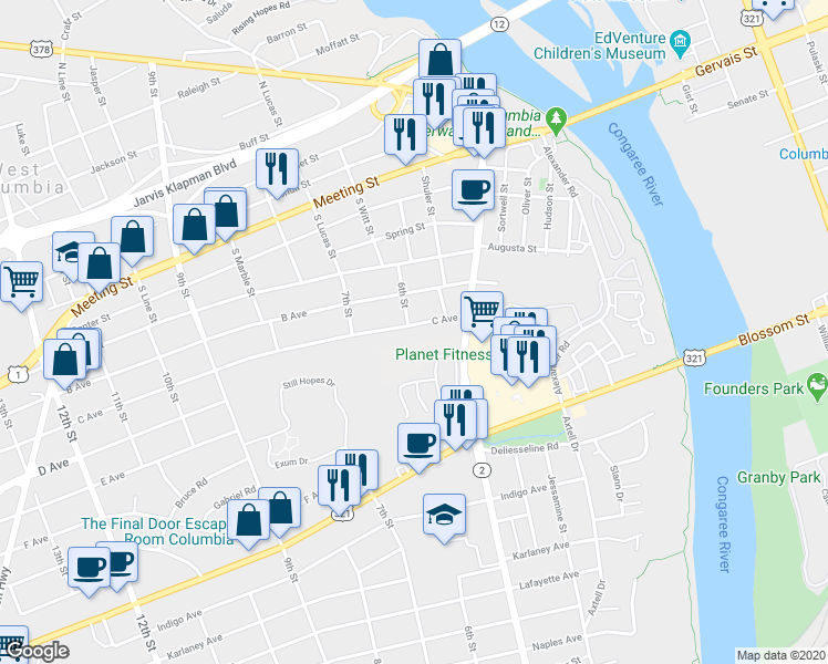 map of restaurants, bars, coffee shops, grocery stores, and more near 539 C Avenue in West Columbia