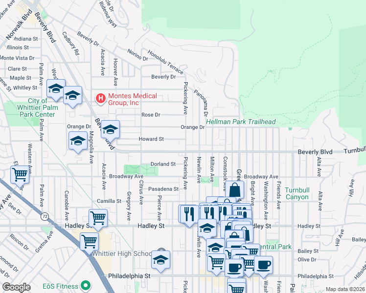 map of restaurants, bars, coffee shops, grocery stores, and more near 5843 Pickering Avenue in Whittier
