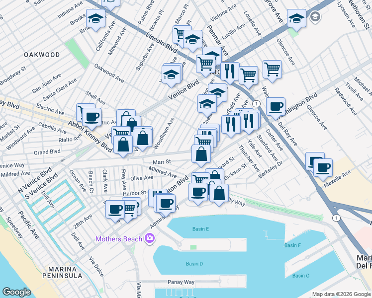 map of restaurants, bars, coffee shops, grocery stores, and more near 2616 Abbot Kinney Boulevard in Los Angeles