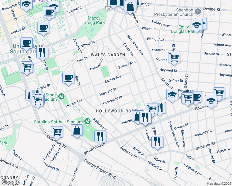 map of restaurants, bars, coffee shops, grocery stores, and more near 106 Southwood Drive in Columbia