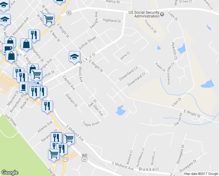 map of restaurants, bars, coffee shops, grocery stores, and more near 401 Harpy Eagle Drive in Winder