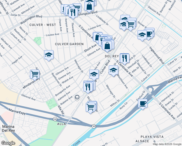 map of restaurants, bars, coffee shops, grocery stores, and more near 12537 Rubens Avenue in Los Angeles
