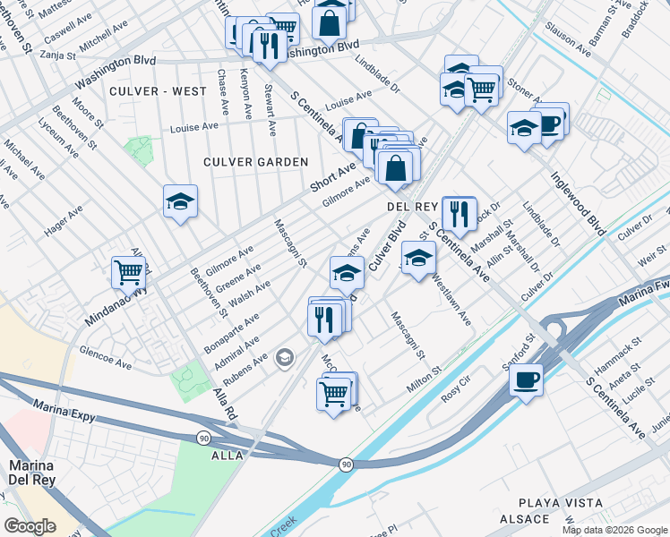 map of restaurants, bars, coffee shops, grocery stores, and more near 12537 Rubens Avenue in Los Angeles