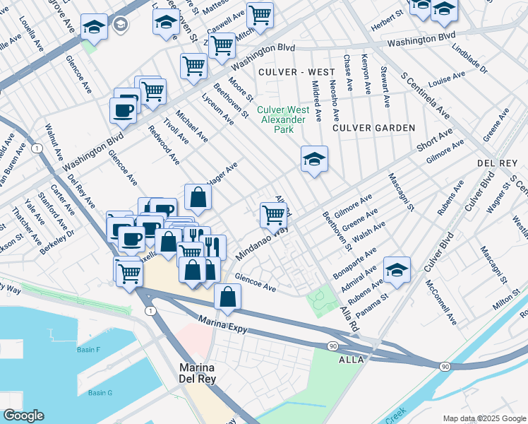 map of restaurants, bars, coffee shops, grocery stores, and more near 13065 Mindanao Way in Marina del Rey