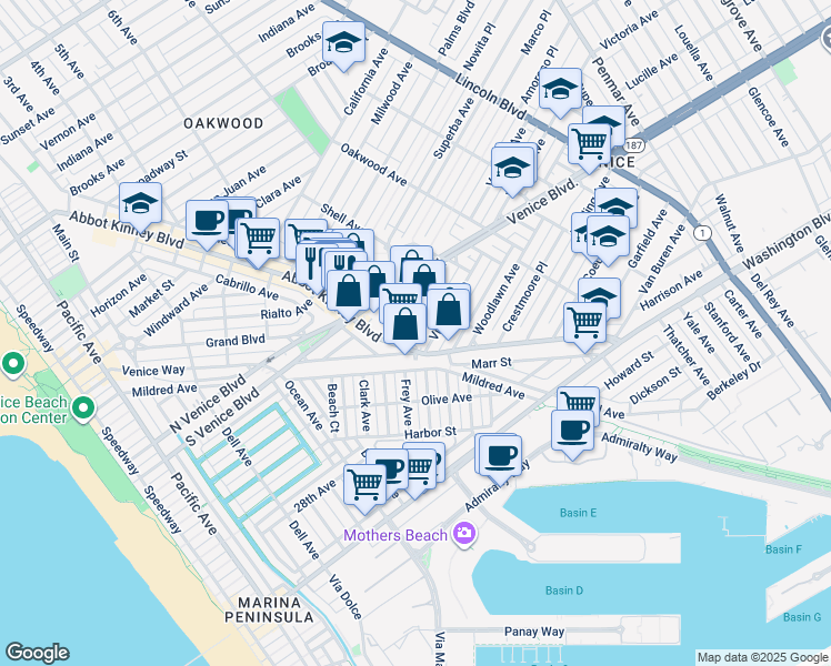 map of restaurants, bars, coffee shops, grocery stores, and more near 513 Victoria Avenue in Los Angeles