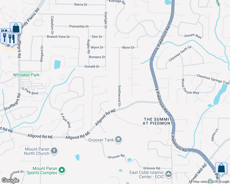 map of restaurants, bars, coffee shops, grocery stores, and more near 1571 Smithwood Drive in Marietta