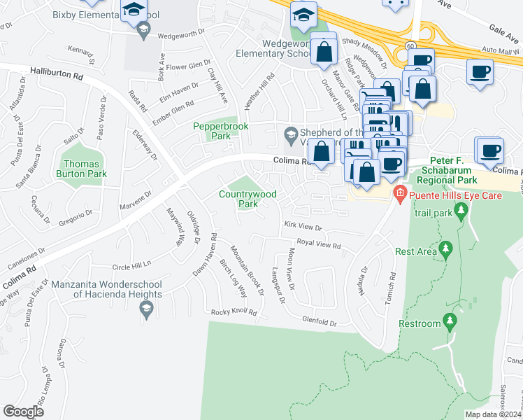 map of restaurants, bars, coffee shops, grocery stores, and more near 2040 Hayloft Place in Hacienda Heights