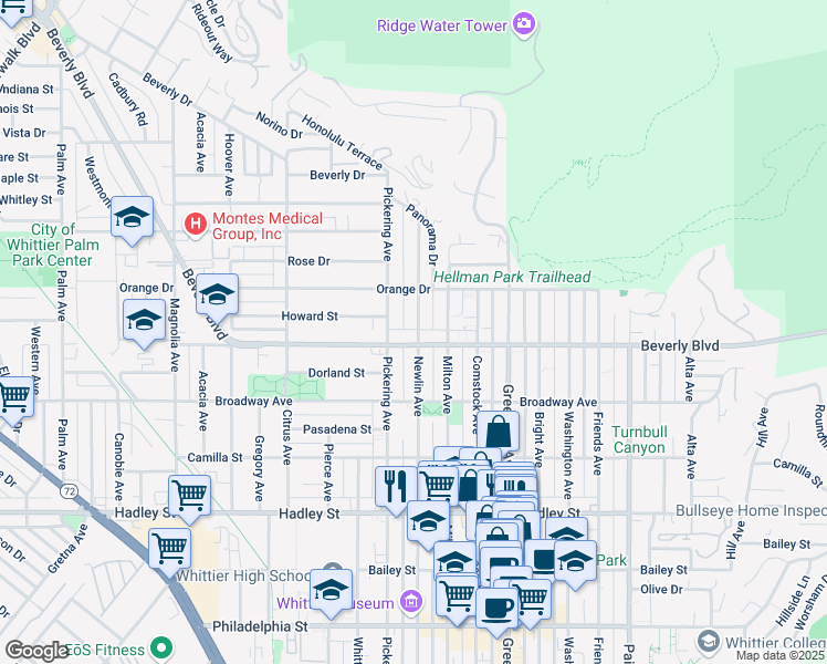map of restaurants, bars, coffee shops, grocery stores, and more near 5847 Newlin Avenue in Whittier