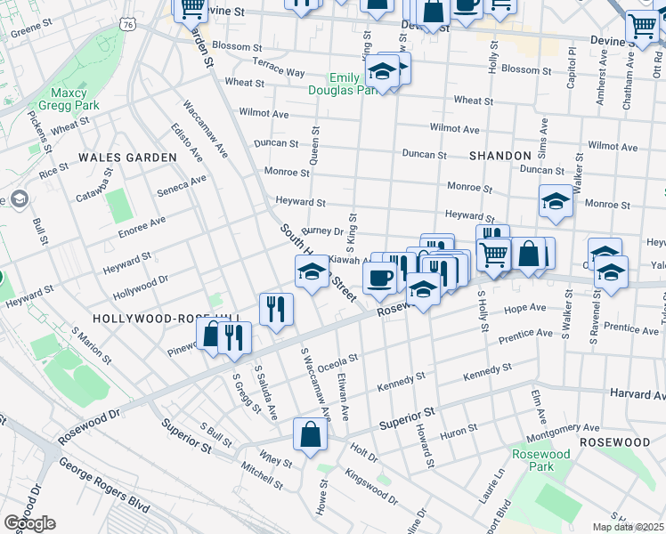 map of restaurants, bars, coffee shops, grocery stores, and more near 304 South Harden Street in Columbia