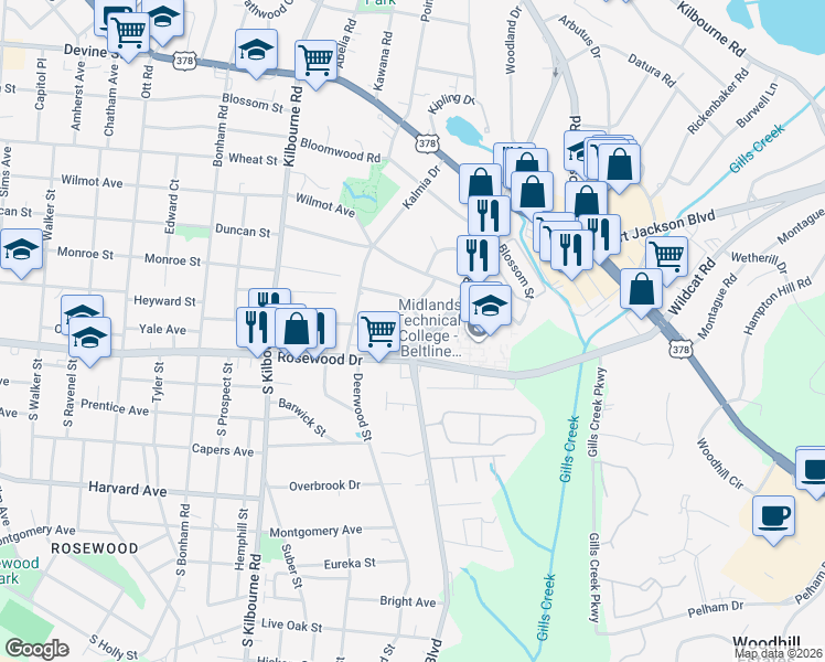 map of restaurants, bars, coffee shops, grocery stores, and more near 4049 Rosewood Drive in Columbia