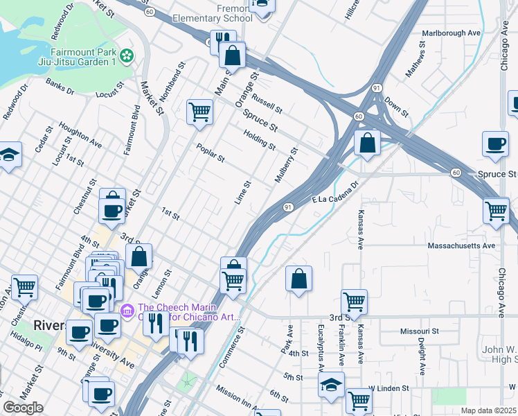 map of restaurants, bars, coffee shops, grocery stores, and more near 2855 Mulberry Street in Riverside