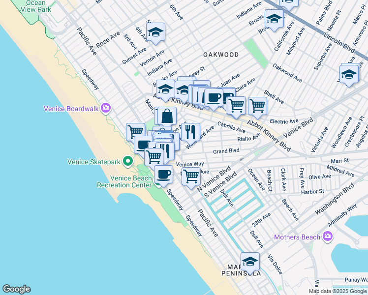 map of restaurants, bars, coffee shops, grocery stores, and more near 215 Windward Avenue in Los Angeles