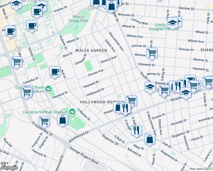 map of restaurants, bars, coffee shops, grocery stores, and more near 1719 Hollywood Drive in Columbia